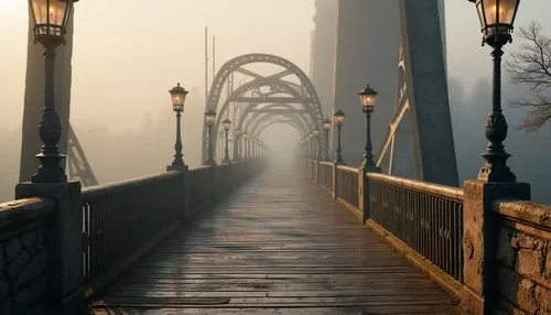 Rustic vehicular bridges, industrial metal structures, distressed stone abutments, worn wooden railings, vintage lamp posts, misty morning fog, soft warm lighting, shallow depth of field, 3/4 composit