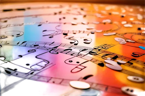 Music notes, scattered on floor, colorful, shiny surface, reflective, gentle curve, various sizes, solo, minimalist background, warm lighting, close-up shot, shallow depth of field, bokeh effect, soft