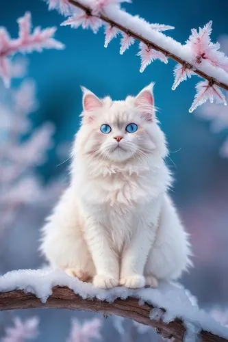 frozen winter scene, icy blue background, cute cartoonish cat, white fur, icy blue eyes, pink nose, fluffy whiskers, sitting on a snow-covered tree branch, sparkling ice crystals, frosty mist, soft wa