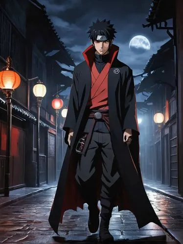 Naruto, vampire, Konoha ninja, dark eyeliner, sharp fangs, black hair with orange tips, blood-red eyes, pale skin, black cloak with red lining, ornate silver cross necklace, muscular physique, intense