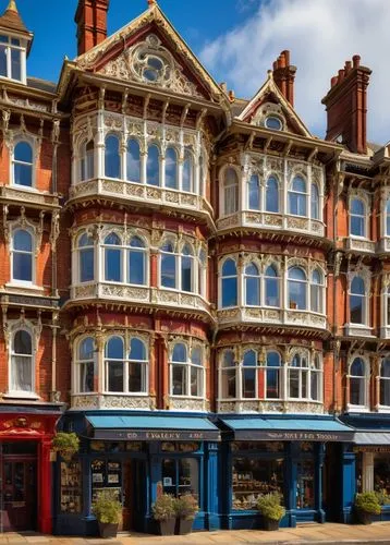 Folkestone, seaside town, English Channel, Victorian-era inspired architectural design, grand building, symmetrical façade, ornate stone carvings, large windows, balconies with intricate metalwork, re