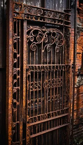 Old, rusty, distressed iron architectural salvage, vintage ornate gates, intricate metalwork, curved balcony railings, worn, weathered, industrial texture, abandoned factory, urban decay, dim lighting