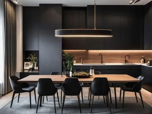 Modern minimalist, apartment in the city center, diningroom, stark color contrasts, dark tones, clean lines, exquisite design, white ceilings, black furniture, wood veneer walls, Modern minimalist, ap