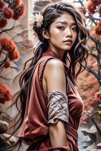 mulan,fantasy portrait,world digital painting,rosa ' amber cover,fantasy art,pocahontas,asian woman,portrait background,digital painting,photo painting,warrior woman,katniss,chinese art,digital art,fantasy picture,female warrior,oriental princess,fantasy woman,art painting,autumn background