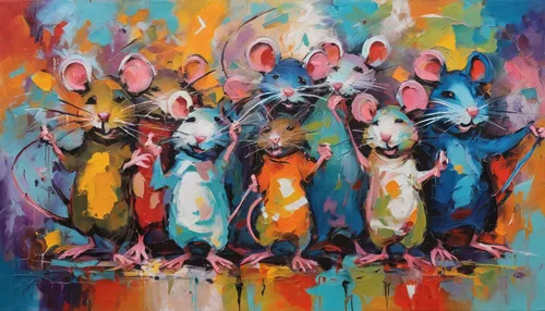 white footed mice,mice,rodents,rabbits,color rat,female hares,hares,many teat mice,rabbits and hares,rodentia icons,predators,rabbit family,whimsical animals,animal migration,easter rabbits,chorus,gazelles,ruminants,oil painting on canvas,vintage mice,Conceptual Art,Oil color,Oil Color 20