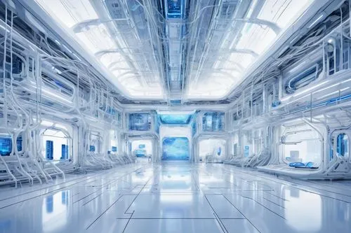 Futuristic cognitive architecture, sleek modern design, metallic framework, glowing blue circuits, intricate wiring, holographic displays, minimalist white background, futuristic lab setting, low-angl