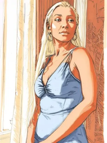 simple drawing of a woman with blonde hair in a dress near a window,an attractive woman in a blue dress stands by the window,daenerys,margaery,margairaz,pregnant woman icon,dany,pregnant woman,Concept