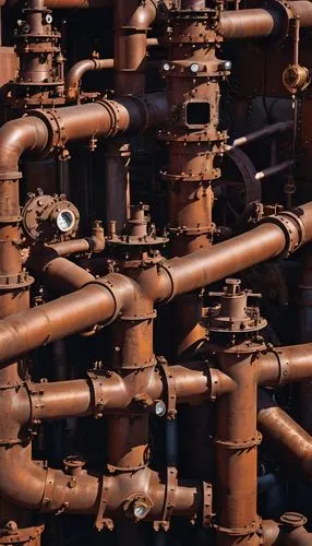 Industrial pipeline, complex structure, metallic material, rusted texture, valves, gauges, meters, pumps, cylindrical tanks, steam releasing, industrial lighting, high-angle shot, dramatic shadows, at