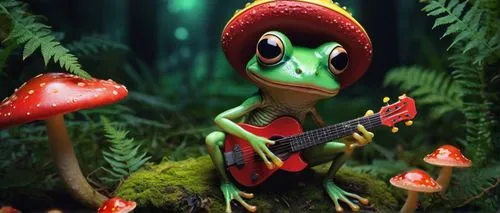 Green forest, twilight, a twerking frog, sitting on a mushroom, bright green skin, big round eyes, long tongue, yellow belly, webbed feet, wearing a red hat, holding a tiny guitar, playing music, surr