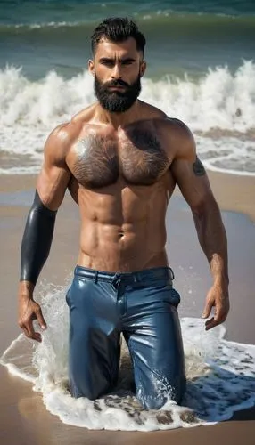 A gorgeous dark grey bearded short hairy 30 years old french god  with great powerful muscles tearing his wet, tight, latex t-shirt on the shore sands, his tanned, chest shining on the sun. He has a g