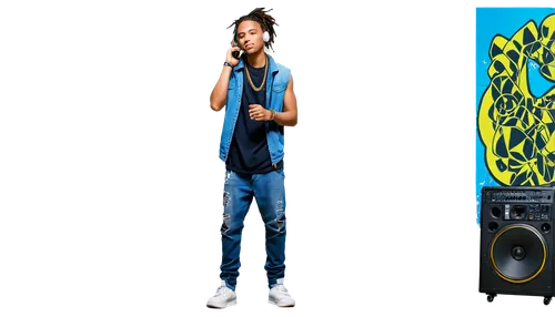 Young man, headphone, hip-hop outfit, gold chain, dreadlocks, sleeveless shirt, ripped jeans, sneakers, microphone, DJ equipment, urban setting, graffiti background, low-key lighting, dynamic composit