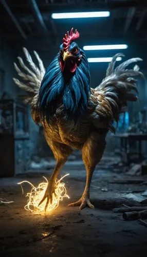 A striking cinematic photo of a hybrid creature combining the features of a chicken and Reverse-Flash. The creature, with a chicken head and sharp talons, is posing ominously in front of a dimly lit, 