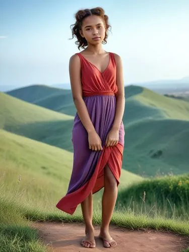 A small brown and white girl with a red dress, braided and ripped off, stands proudly on a grassy hill overlooking a African sun-kissed landscape. The bent leg, proudly draped tightly, adds a touch of