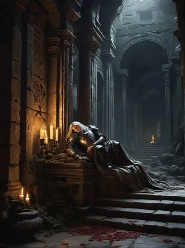 hall of the fallen,sepulchre,crypt,catacombs,the fallen,mausoleum ruins,tombs,blood church,necropolis,pietà,game art,concept art,accolade,resting place,game illustration,empty tomb,blood icon,haunted cathedral,mortuary temple,pantheon,Art,Classical Oil Painting,Classical Oil Painting 21