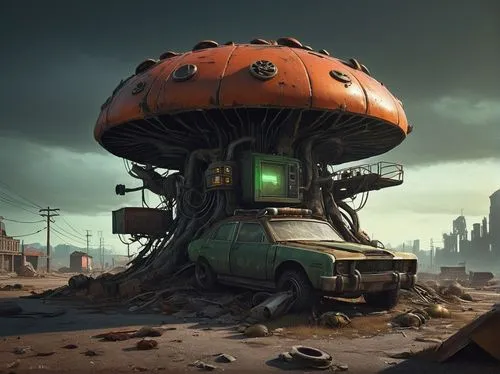 Post-apocalyptic wasteland, ruined cityscape, abandoned buildings, rubble-strewn streets, twisted metal debris, radiation signs, toxic waste barrels, destroyed robots, scattered nuclear symbols, worn-