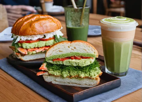 Le楽 Cafe Mentaiko Crab Sandwich and matcha latte, food photography by RollingBear Travels.,veggie burger,cemita,food photography,club sandwich,matcha,vegetable juices,cucumber sandwich,sandwiches,gato