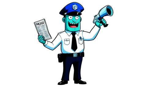 Police officer, doodle style, cartoonish, smiling face, blue police hat, silver badge, white shirt, black tie, dark blue pants, handcuffs on belt, holding megaphone, standing pose, dynamic composition