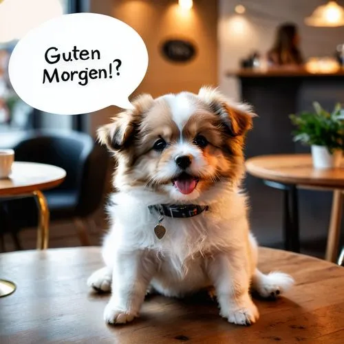 CUTE fluffy PUPPY is sitting before a coffee cupwith a big speech bubble with the sign " GUTEN MORGEN "
,norrbottenspets,norwegian buhund,legerhond,norwegian lundehund,kooikerhondje,moedergans,mozartk