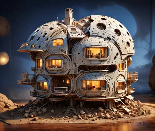 mandelbulb,cubic house,steampunk gears,tree house hotel,steampunk,cube stilt houses,tree house,3d render,insect house,miniature house,crooked house,cinema 4d,treehouse,mobile home,cube house,moon base