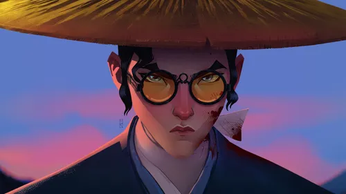 yuzu from blue eye samurai,noodle image,noodle,asian conical hat,geisha,yellow sun hat,geisha girl,oriental,lemongrass,ordinary sun hat,samurai,mulan,dim sum,sensei,dusk background,mikado,parasol,baoz