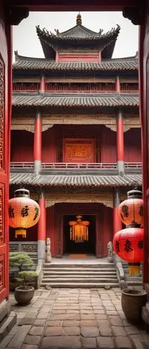 Traditional Chinese architecture, majestic temple, intricately carved wooden doors, vibrant red walls, golden roof tiles, upturned eaves, grand courtyard, intricate stone carvings, lanterns hanging fr