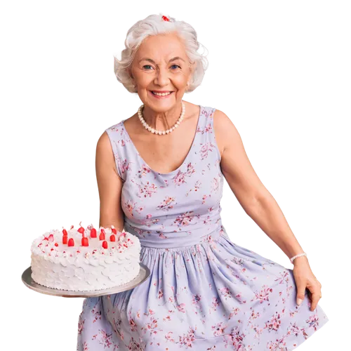 Elderly lady, 88 years old, happy, smiling, wrinkled face, white hair, pearl necklace, floral dress, seated, holding cake with candles, gentle hands, warm lighting, shallow depth of field, 3/4 composi