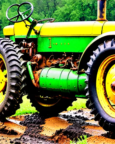 Farm tractor, rusty old machine, green body, yellow wheels, worn-out tires, mud-splattered, driver's seat, steering wheel, metal frame, shiny chrome exhaust pipe, morning dew, soft sunlight, 3/4 compo