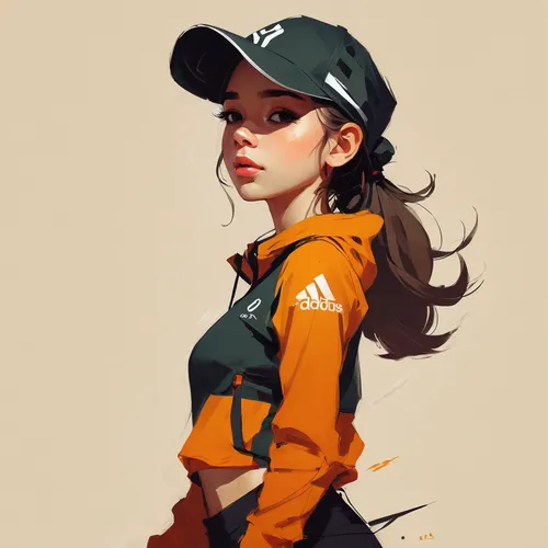 Girl in sportswear, youthful, wearing a hat，by Cory Loftis,girl wearing hat,golfer,sports girl,clementine,vector girl,baseball cap,little league,park ranger,baseball coach,little leaguer,baseball draw