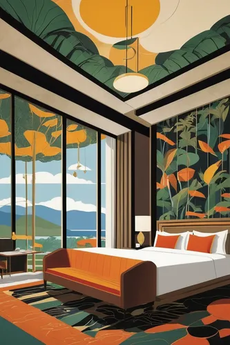 mid century modern,art deco,japanese-style room,modern room,sleeping room,hotelroom,mid century,great room,hotel room,sanya,guest room,hotel riviera,hotel rooms,eco hotel,wade rooms,rooms,art deco background,window treatment,luxury hotel,modern decor,Illustration,Vector,Vector 13