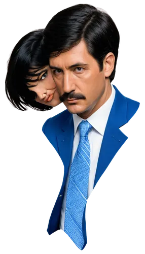 short black hair, mustache, blue suit, white shirt, tie, wife,a picture of a man and woman wearing blue in the po,pmoi,amanpour,qalamuddin,hamad,rajavi,ethem,taheri,karasev,guerrouj,farhadi,aghdashloo