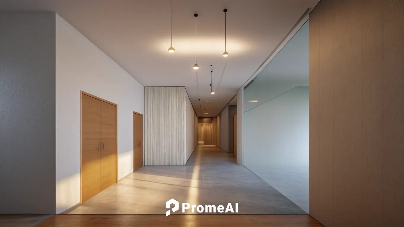 hallway space,hallway,daylighting,3d rendering,recessed,concrete ceiling,core renovation,walk-in closet,render,wall light,shared apartment,corridor,an apartment,room divider,interior modern design,arc