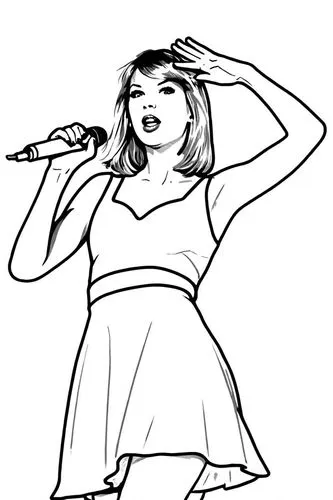 line drawing of taylor swift ,the singer in black and white drawing with microphone,coloring pages,coloring page,contralto,rotoscoped,my clipart,frontwoman,Design Sketch,Design Sketch,Rough Outline