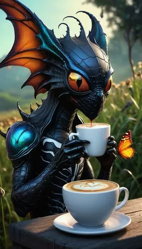 Spider-Dragon-Venom, sipping a latte while he walking along the field terrace with a melancholic expression, among butterflies, realistic photography, Pixar 3D and Cyberpunk style,hot drink,black drag