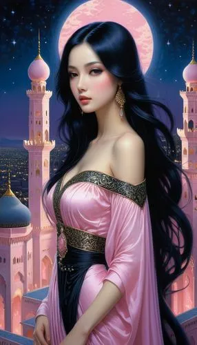 rem in arabian nights,sheherazade,islamic girl,gothel,pink city,oriental princess,Illustration,Realistic Fantasy,Realistic Fantasy 08