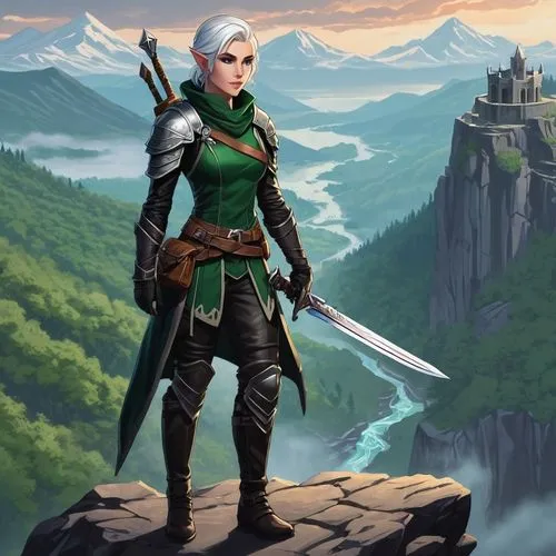 DnD Mieliikki, half-elf rogue, lean athletic build, 18yo, pointed ears, piercing emerald eyes, short platinum hair, scar above left eyebrow, black leather armor, silver brooch, longsword at side, back