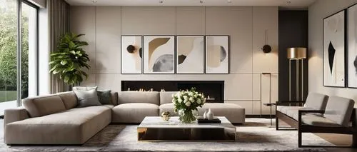 Luxurious modern living room, Pinterest-inspired interior design, sleek minimalist lines, floor-to-ceiling windows, natural light pouring in, soft beige walls, dark hardwood floors, plush grey section