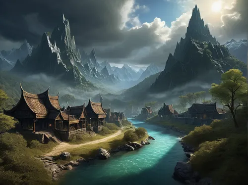 fantasy landscape,mountain settlement,fantasy picture,mountain village,northrend,alpine village,fantasy art,world digital painting,knight village,skyrim,aurora village,mountainous landscape,mountain valley,landscape background,the valley of the,ancient city,mountain landscape,3d fantasy,mountain scene,mountain world,Illustration,Realistic Fantasy,Realistic Fantasy 35