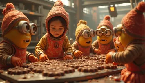 A group of diminutive, industrious Oompa Loompas and Minions in vibrant, colorful attire, expertly crafting an assortment of chocolates and intricate sweets, in a futuristic, sci-fi inspired high-tech