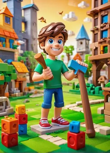 Colorful modern architecture, toy blocks, building sets, 8-year-old kid, excited expression, blue eyes, messy brown hair, casual clothes, T-shirt, jeans, sneakers, holding a toy hammer, standing in fr