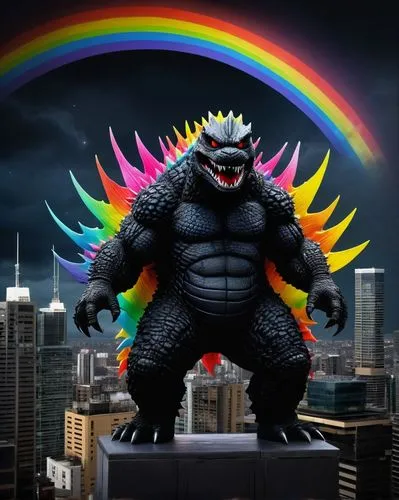 grim ripper godzilla in top of the building rainbow, smile, dark moon, ninja style,king kong,kong,godzilla,raimbow,rainbow background,fuel-bowser,gorilla,cynorhodon,doomsday,skordalia,rainbow,skylande