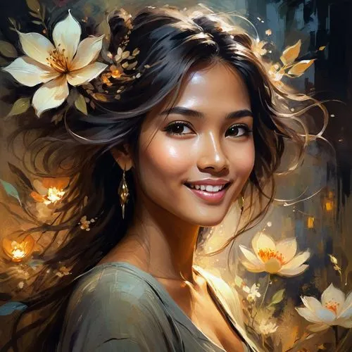 jasmine blossom,pilipina,a beautiful jasmine,diwata,beautiful girl with flowers,romantic portrait,jasmine flower,jasmine,flower painting,girl in flowers,jasmine flowers,vietnamese woman,polynesian girl,filipina,fantasy portrait,flower fairy,pinay,splendor of flowers,rosalinda,indian jasmine,Illustration,Realistic Fantasy,Realistic Fantasy 16