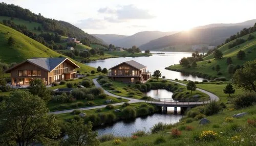 Rolling hills, serene lakeside, lush greenery, meandering walking paths, vibrant wildflowers, rustic wooden bridges, natural stone retaining walls, modern architecture, cantilevered rooflines, floor-t