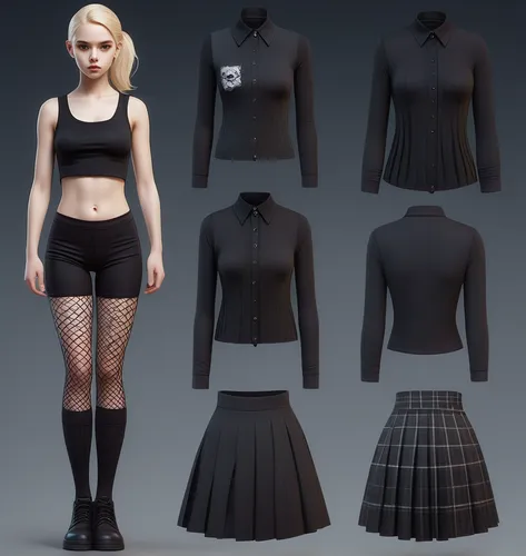 Paper doll goth blond haired girl in black sleeveless shirt ,black tight fit spandex shorts, complete full length fishnet and black boot standing surrounded by with a set of goth fashion clothing, shi