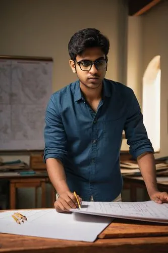 Modern architectural design course, India, university campus, young male student, serious expression, black glasses, short hair, casual wear, white shirt, blue jeans, holding a scale model, standing i