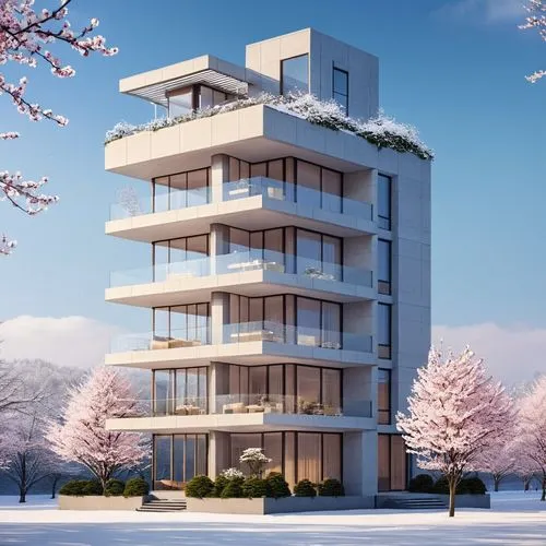 a wide exclusive house surrounded in cherry blossom trees,a white building with a balcony and balconies,residential tower,inmobiliaria,aritomi,multistorey,sky apartment,escala,Photography,General,Real