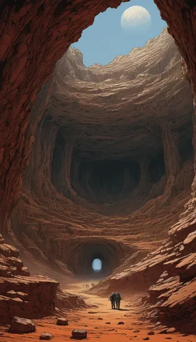 cliff dwelling,pit cave,cave,lunar landscape,sea cave,sci fiction illustration,moon valley,lava cave,guards of the canyon,valley of the moon,red canyon tunnel,hollow way,wave rock,moonscape,blue caves,red earth,futuristic landscape,sea caves,uluru,desert landscape,Illustration,American Style,American Style 02