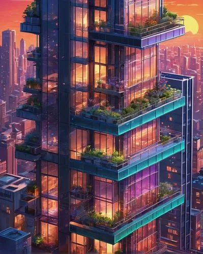 Urban skyscraper, modern futuristic design, steel framework, glass façade, neon lights, rooftop garden, cityscape, busy street, evening time, warm sunset glow, long shadow, complex composition, dynami