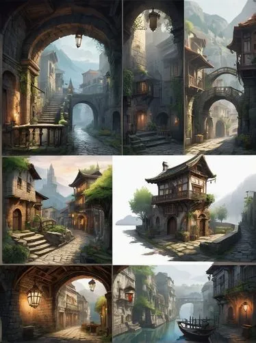 backgrounds,riftwar,villages,maisons,townsites,medieval town,teahouses,mountain village,ancient buildings,alpine village,mountain settlement,knight village,hanging houses,fantasy landscape,tulou,waterwheels,storehouses,monasteries,concept art,ancient city,Unique,Design,Character Design