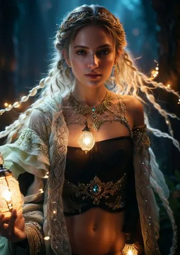 woman dressed as a fairy with long hair, clothing, and accessories holding a lantern,enchantress,the enchantress,sorceress,faerie,fairy lights,elvish,Photography,General,Fantasy