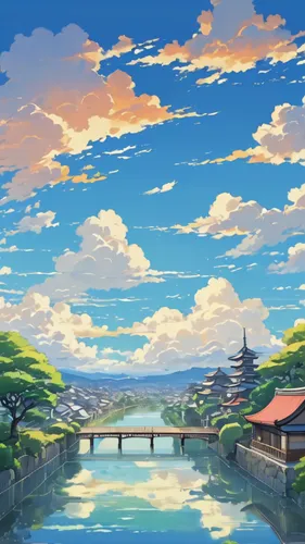 landscape background,japan landscape,kyoto,sakura background,japanese sakura background,roof landscape,scenery,ginkaku-ji,tsukemono,dusk background,idyllic,honolulu,background with stones,studio ghibli,torii,panoramic landscape,backgrounds,blue sky clouds,digital background,art background,Illustration,Japanese style,Japanese Style 06